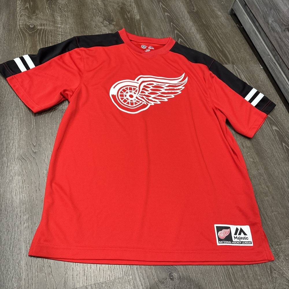 Majestic Men's Detroit Red Wings V Neck NHL Shirt L Jersey Mesh EUC Logo